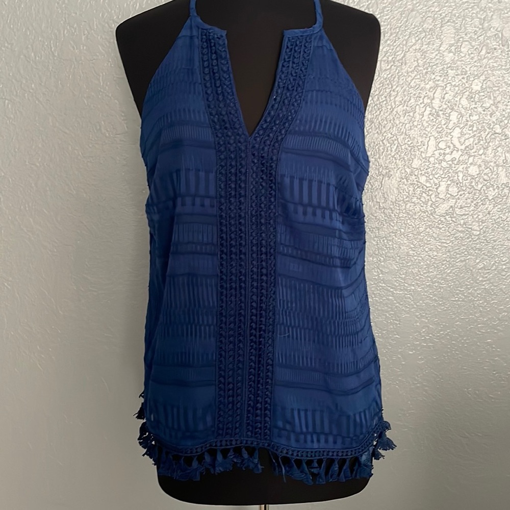 New York & Company Tank Top with fringe. Beautiful blue. Lined and has stretch